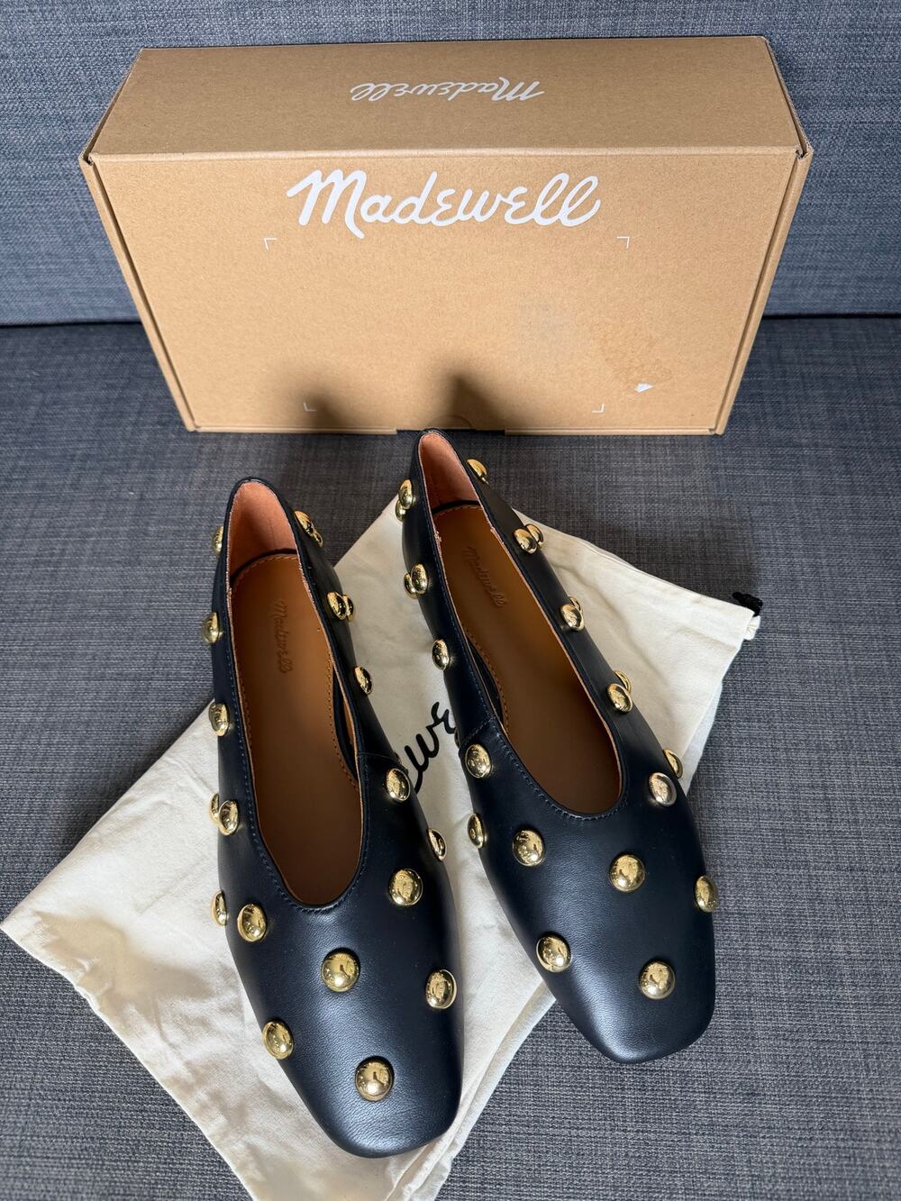 New Madewell Mylie Ballet Flats Black Leather Gold Studded Size 7.5 in Box